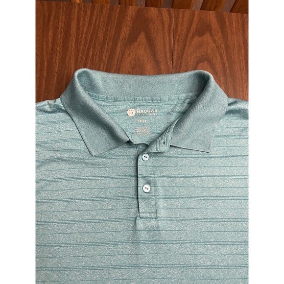 Haggar Mens Blue Stripes Sz XXL Polo Shirt Blue Teal Short Sleeve Button Down - Picture 2 of 5